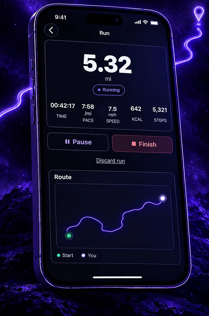 Luntrack tracking a 5.32 mile run with pace, speed, calories, steps and a live route map