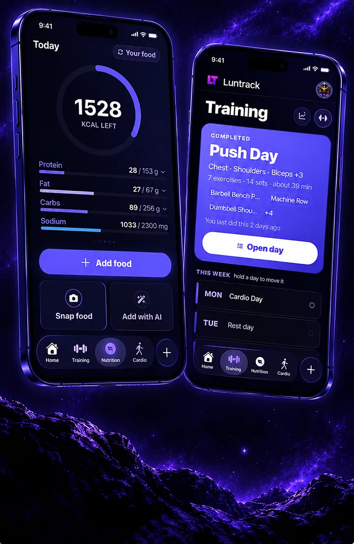 Luntrack training screen showing today's Push Day with exercises and an Open day button