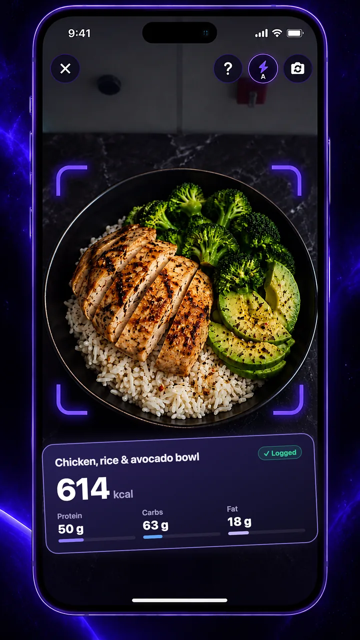Luntrack analysing a photo of a chicken, rice and avocado bowl: 614 kcal, 50 g protein